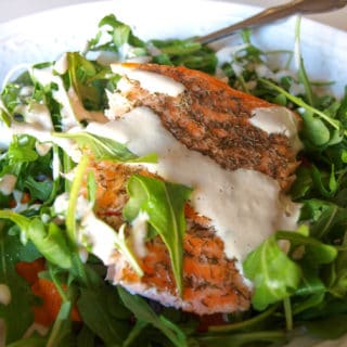 Lemon Sesame Drizzle On Salmon Salad | Mae's Menu