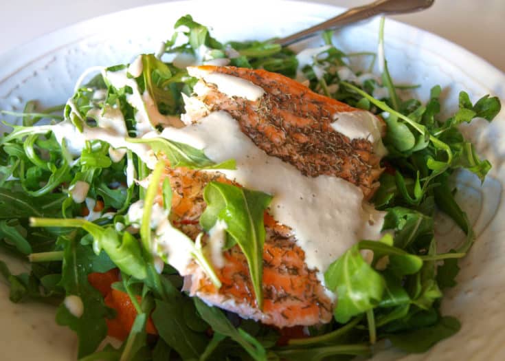 Lemon Sesame Drizzle On Salmon Salad | Mae's Menu