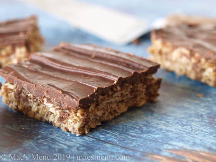 Squares of No-Bake Healthy Oatmeal Chocolate Bars.