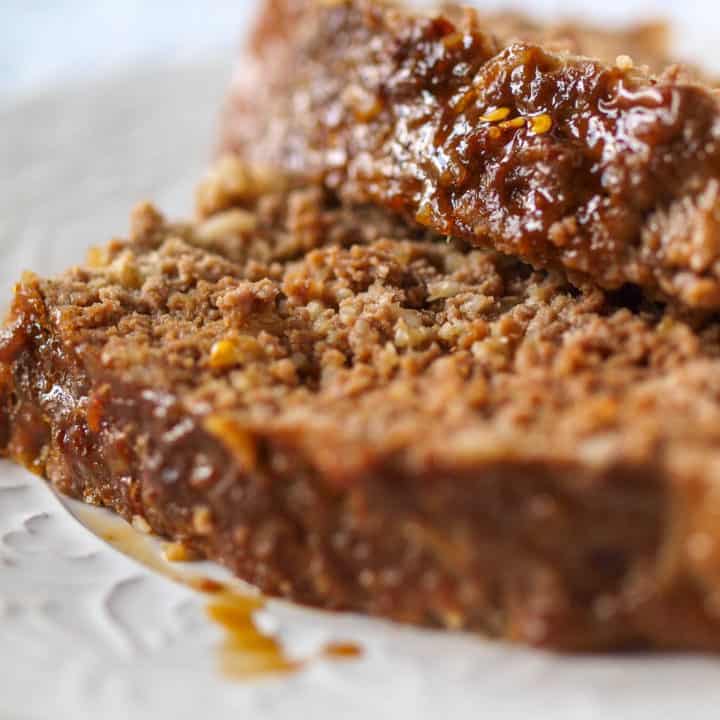 An up-close shot of teriyaki meatloaf with grass-fed beef.