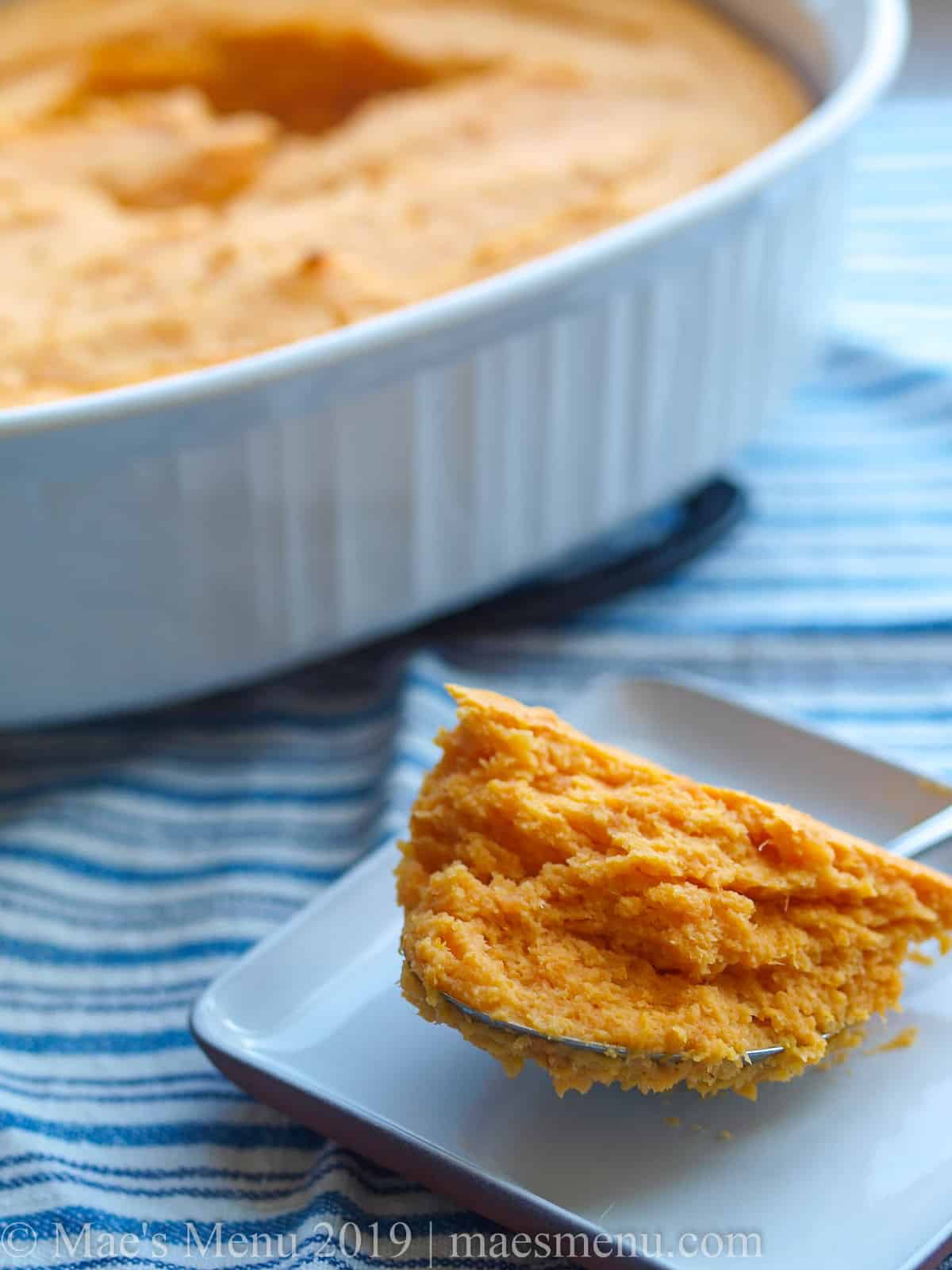 A large scoop of healthy sweet potato souffle