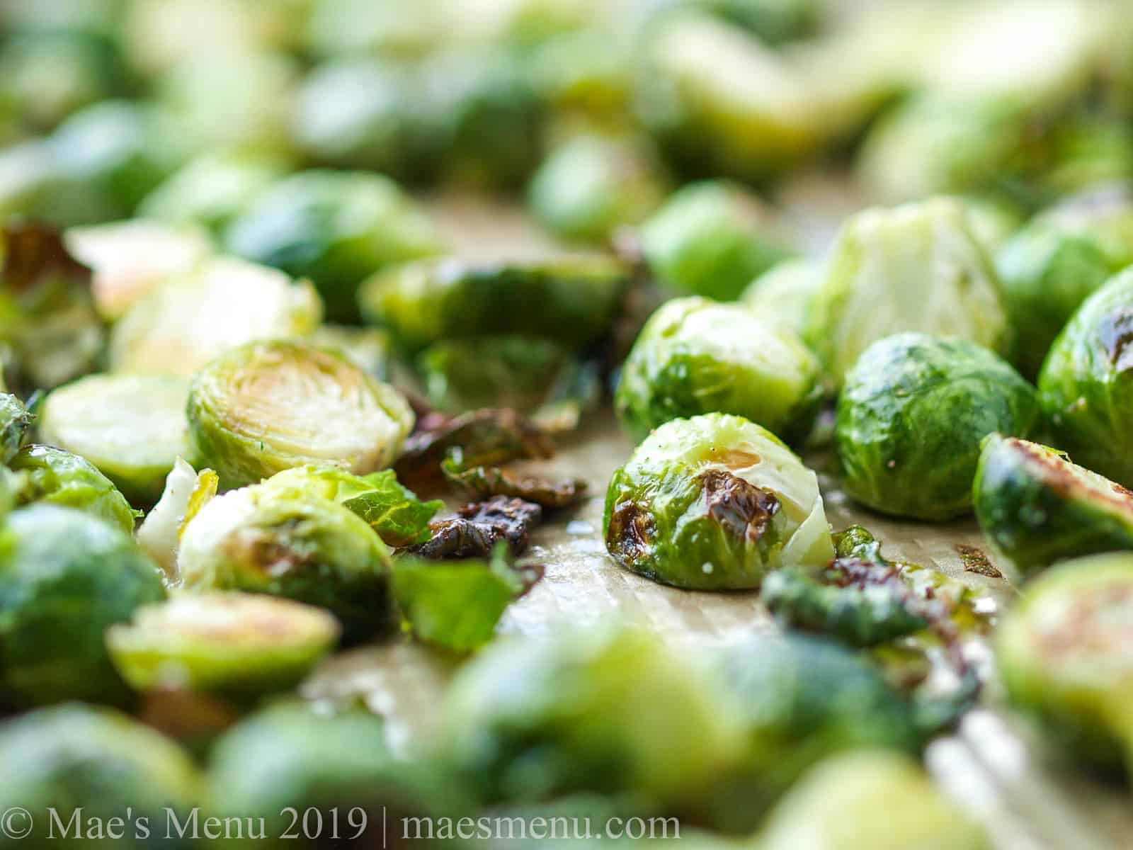 A large sheet pan of freshly roasted brussels sprouts. 