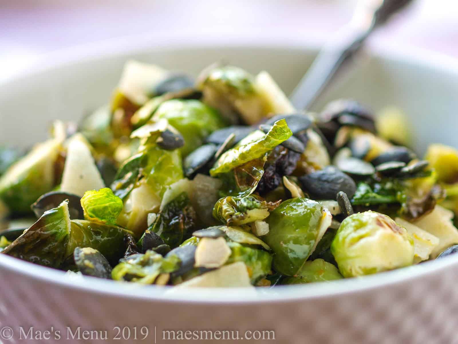 Up-close shot of healthy roasted brussels sprouts with manchego cheese, dried figs, and pumpkin seeds