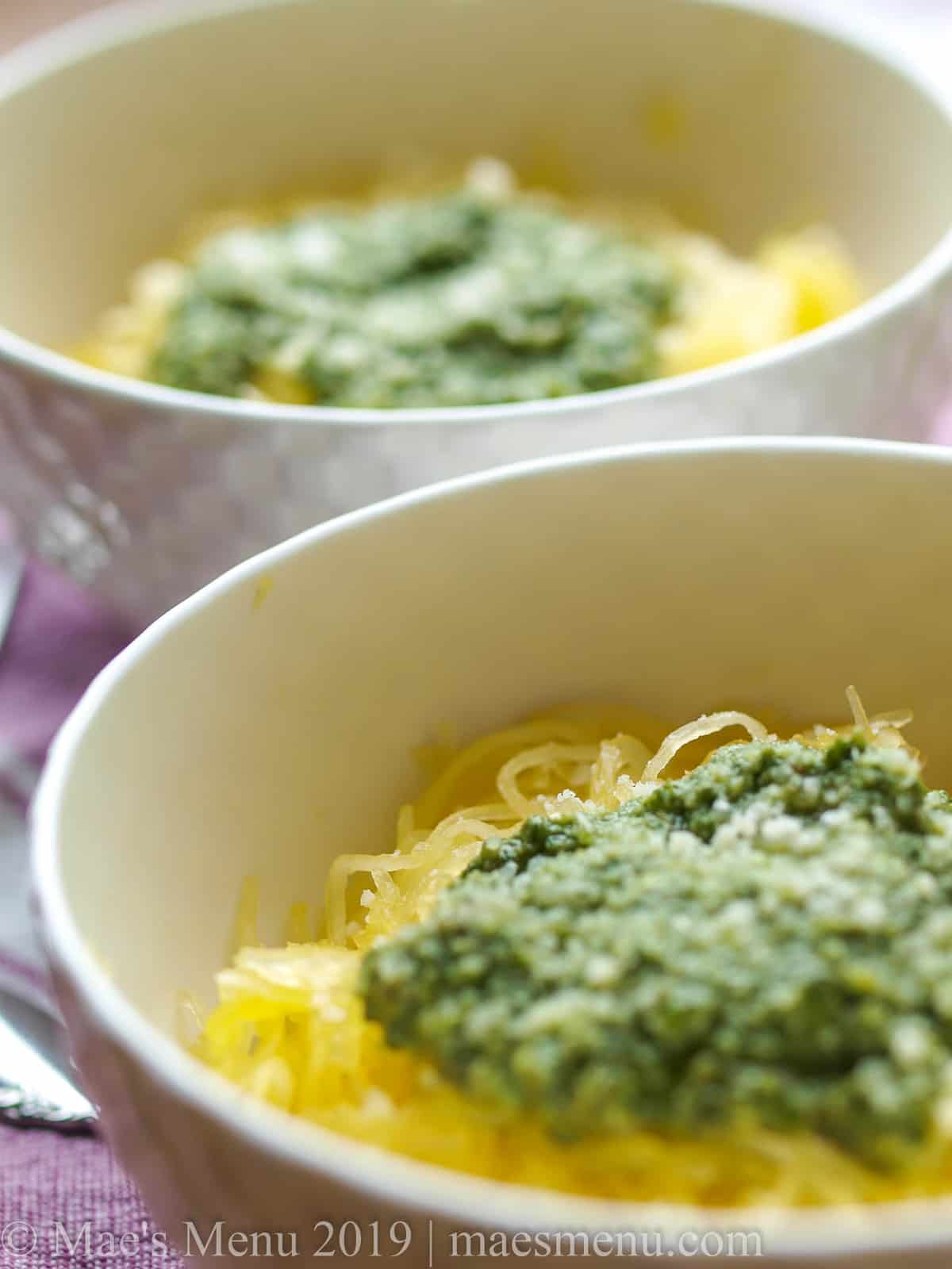 Two bowls of Basil Pesto Spaghetti Squash Pasta