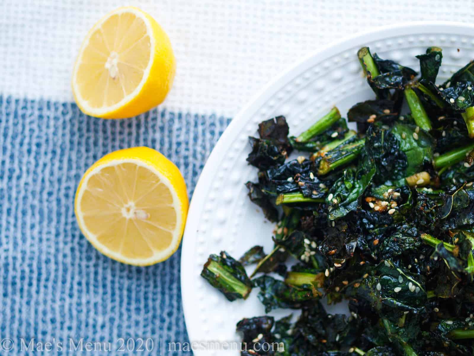 A plate of air fried kale chips.