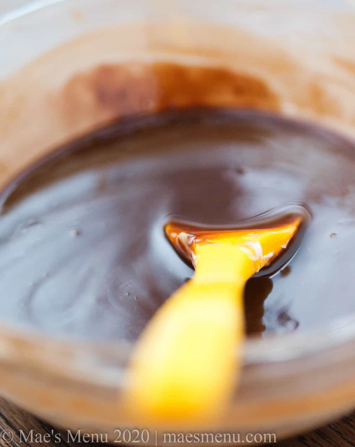 Melted chocolate and butter for  peanut butter brookies (or brownie cookies).