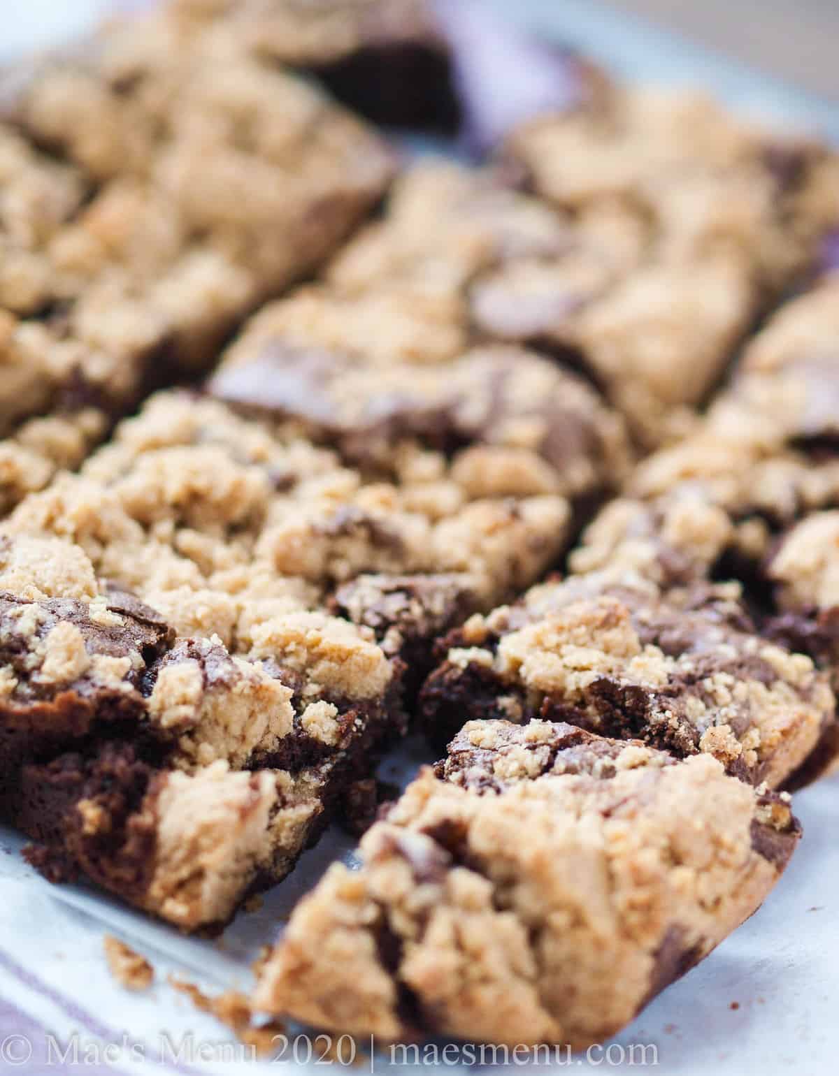 Large squares of peanut butter cookie brownies.