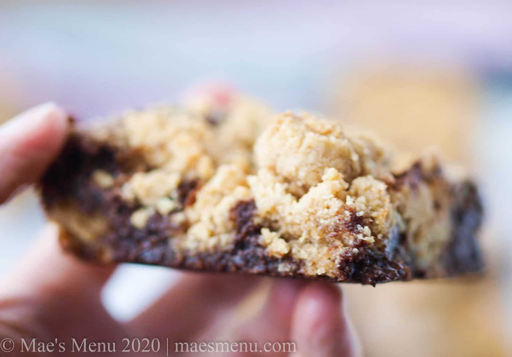 An up-close shot of a peanut butter brookie (or, Peanut Butter Cookie Brownies)
