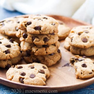 A platter of high altitude chocolate chip cookies.