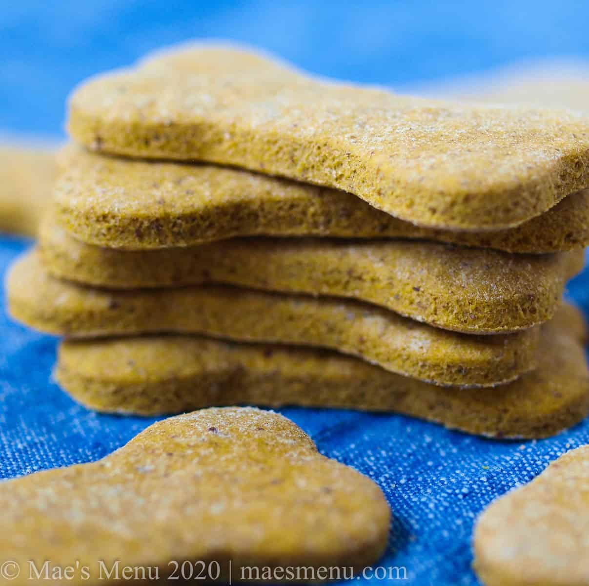 A stack of peanut butter pumpkin dog treats cut into dog cookie shapes