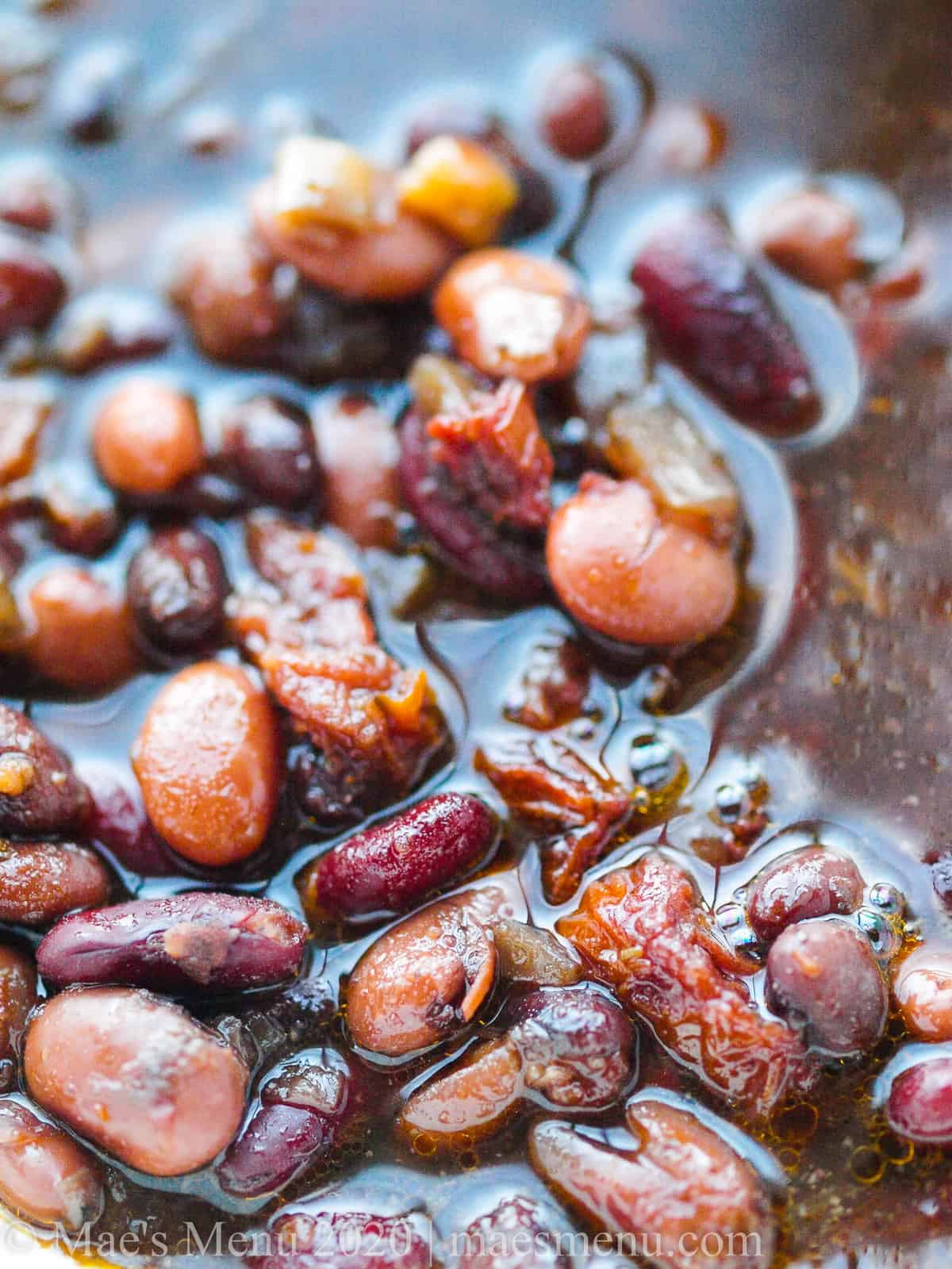Up-close shot of pressure cooker maple baked beans. 
