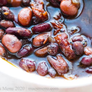 an up-close shot of pressure cooker maple baked beans.