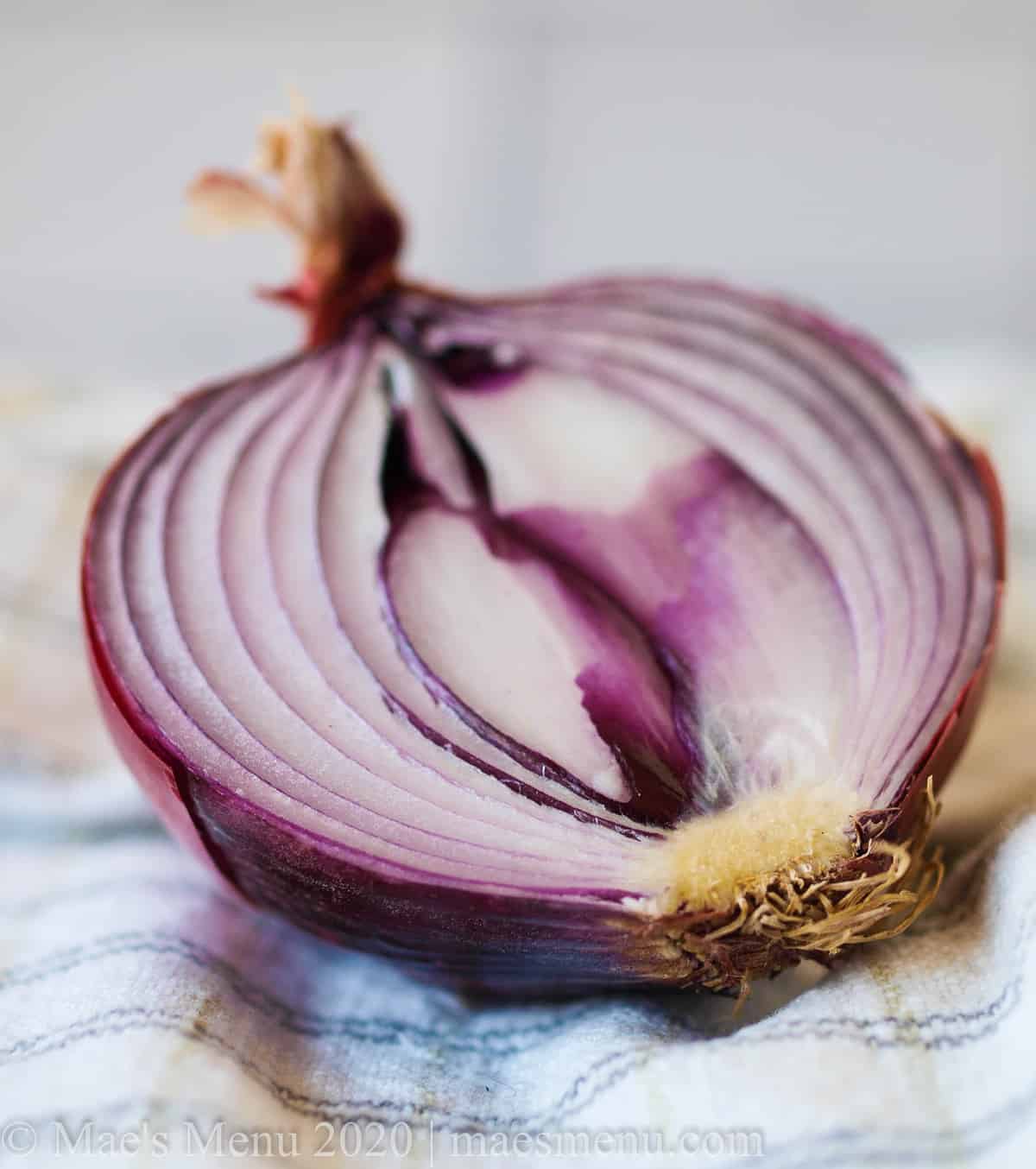 An up-close shot of a red onion cut in half.