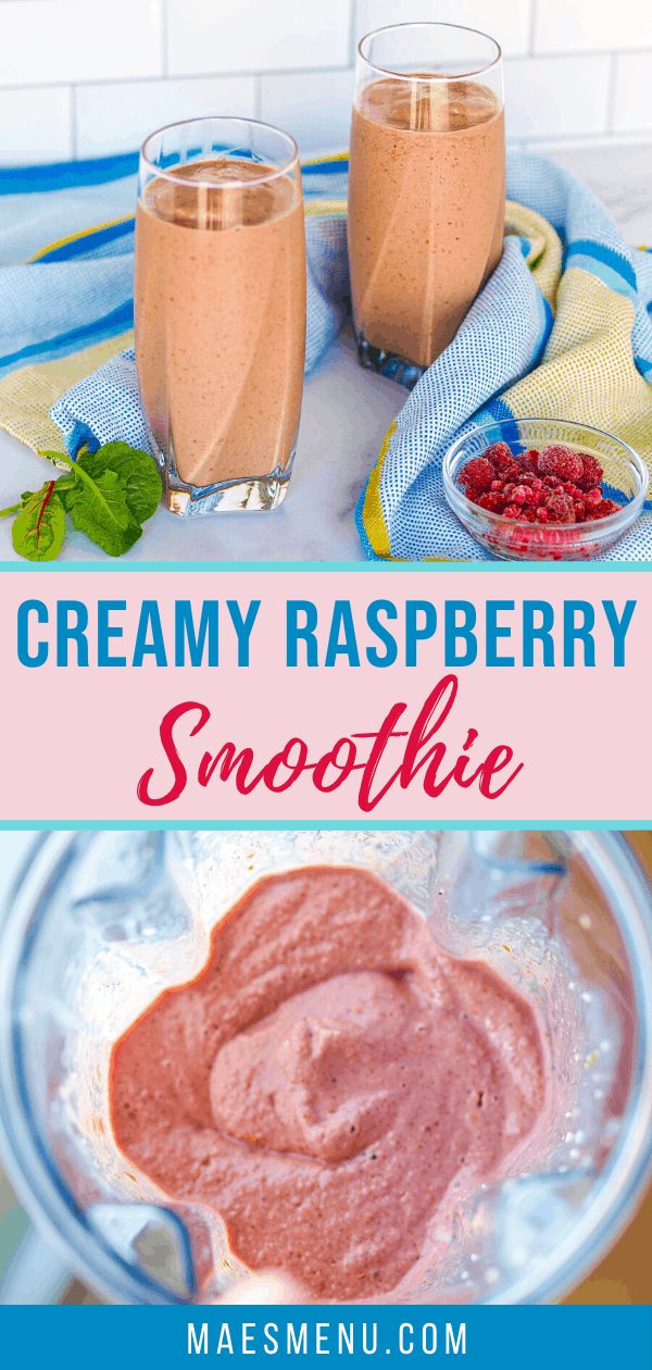 A pinterest pin for creamy raspberry smoothie. On the top of the pin are two glasses of smoothie sitting on the counter with a blue towel on the bottom part of the pin is an overhead shot of the smoothie in the blender 