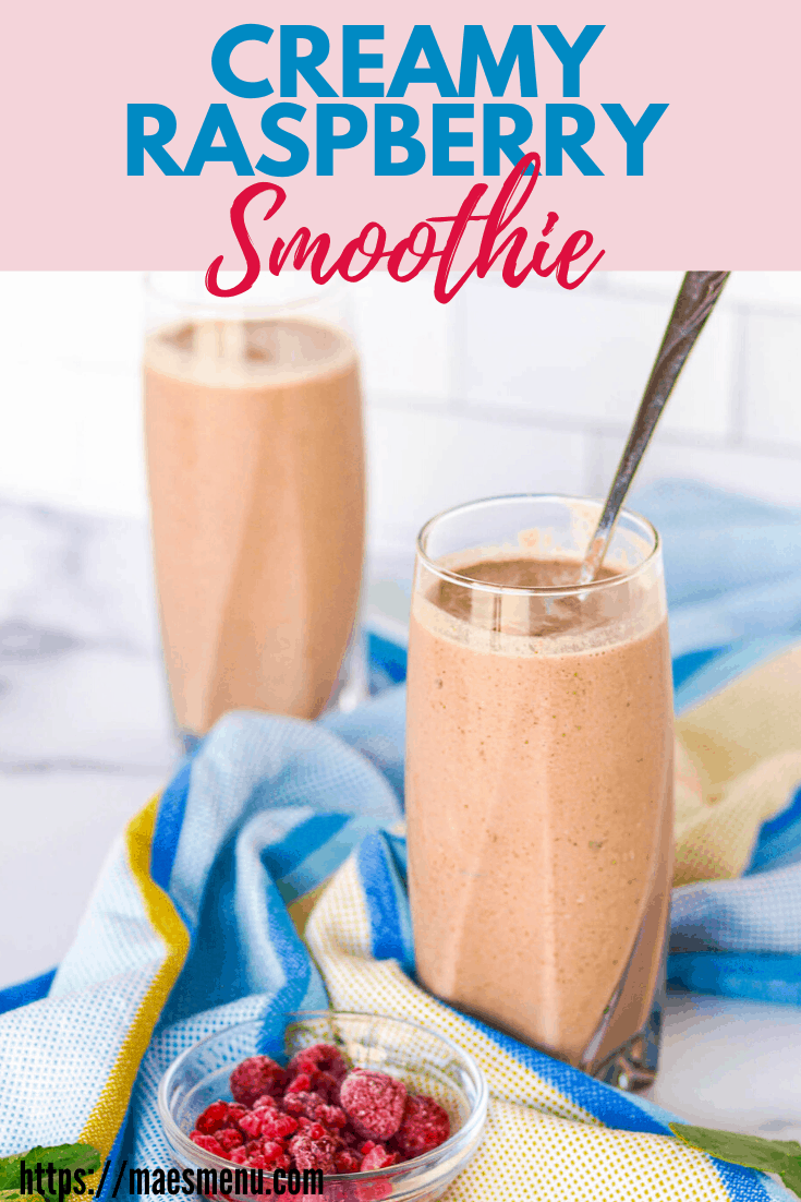 A pinterest pin for creamy raspberry smoothies. On the pin are 2 glasses of smoothie with a blue towel between them. 