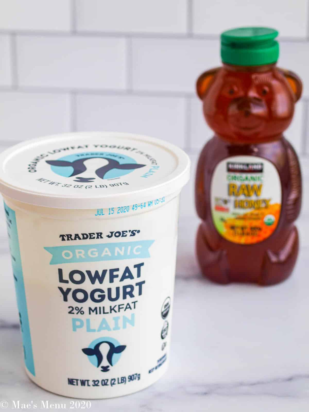 A container of Trader Joe's organic low fat yogurt in front of a bear container of organic raw honey. 