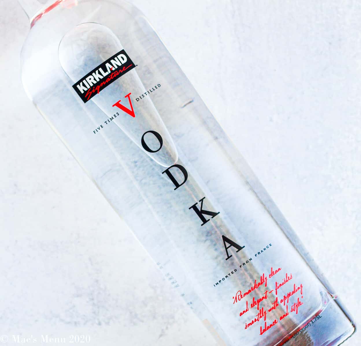 An overhead shot of a kirkland vodka bottle