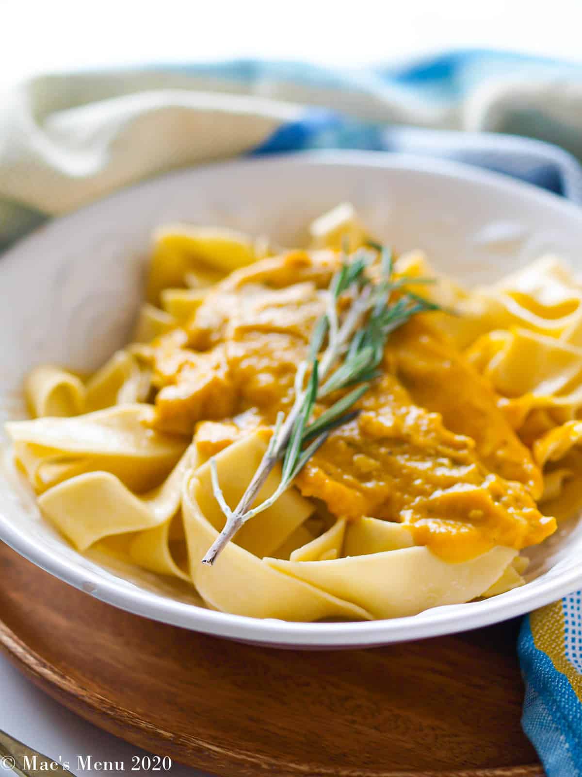A large white bowl of pappardelle pasta with parmesan pumpkin chicken.