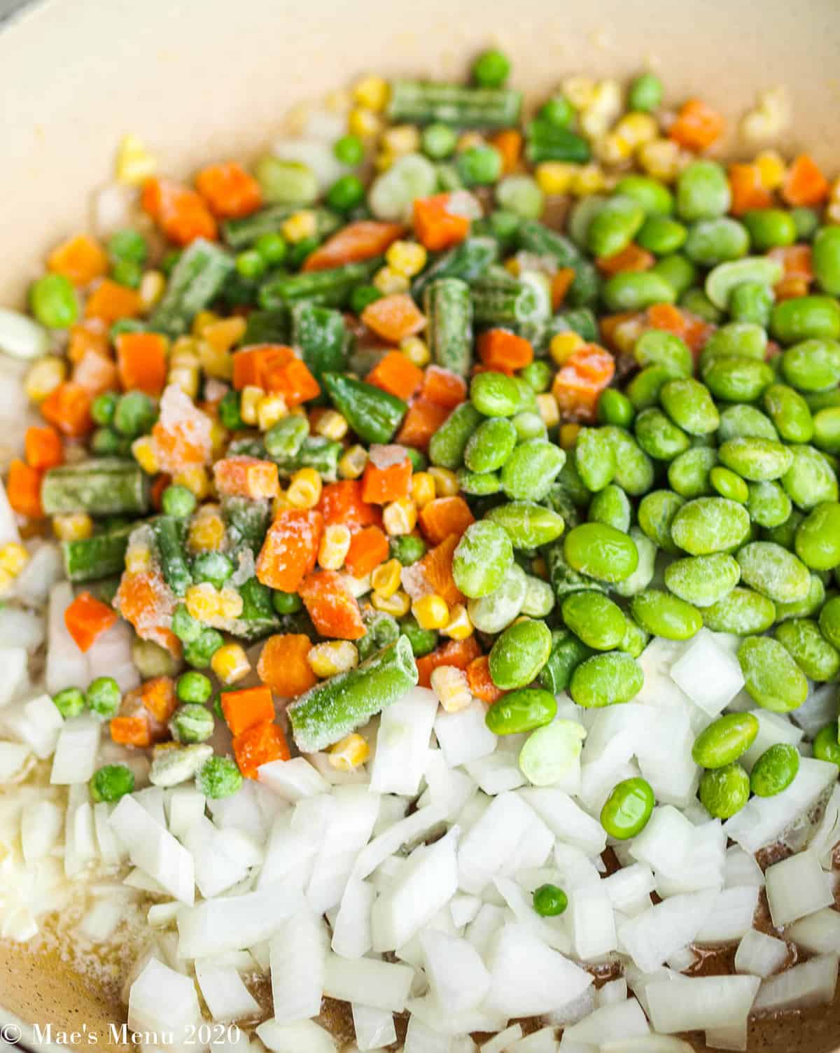 Frozen vegetables, edamame, and onion