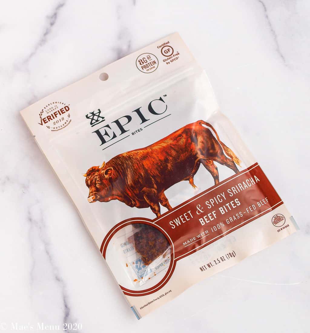 A small pouch of EPIC sweet & spicy sriracha beef bites