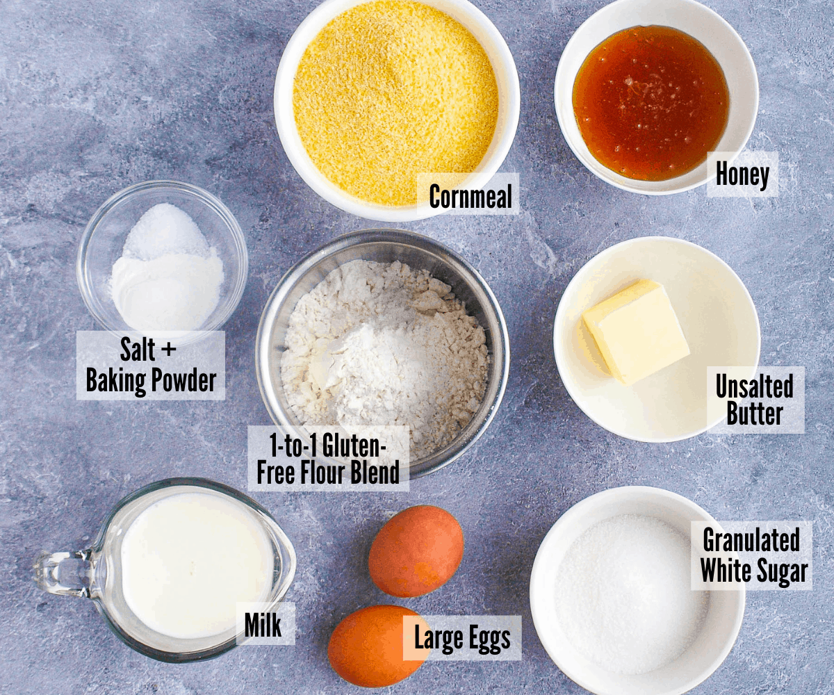 Gluten-free cornbread ingredients: cornmeal, honey, unsalted butter, granulated white sugar, 1-to-1 gluten-free flour blend, large eggs, salt and baking powder, milk