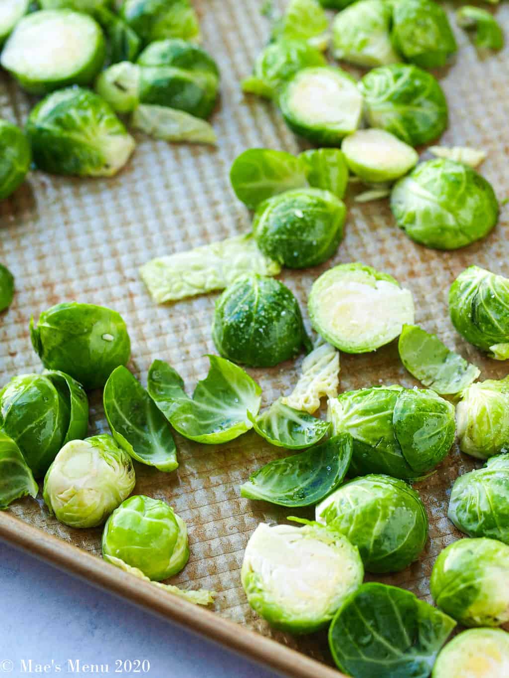 Brussels sprouts on a baking sheet