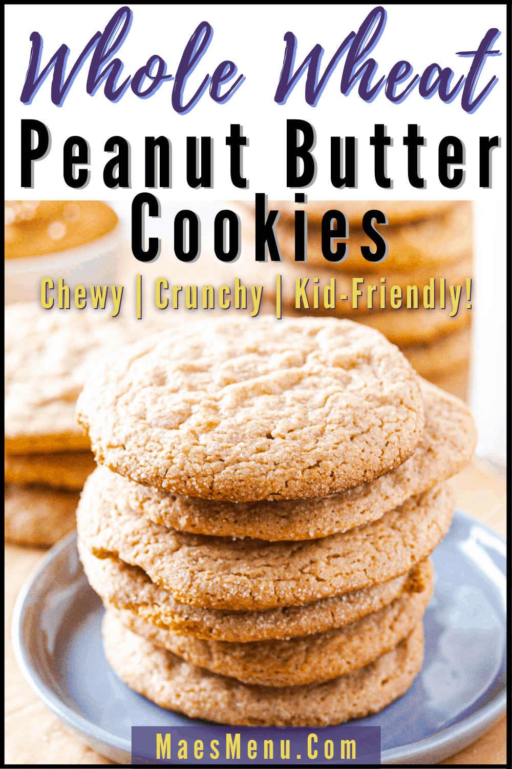 A pinterest pin for whole wheat peanut butter cookies with a tall stack of the cookies on a smoky blue plate
