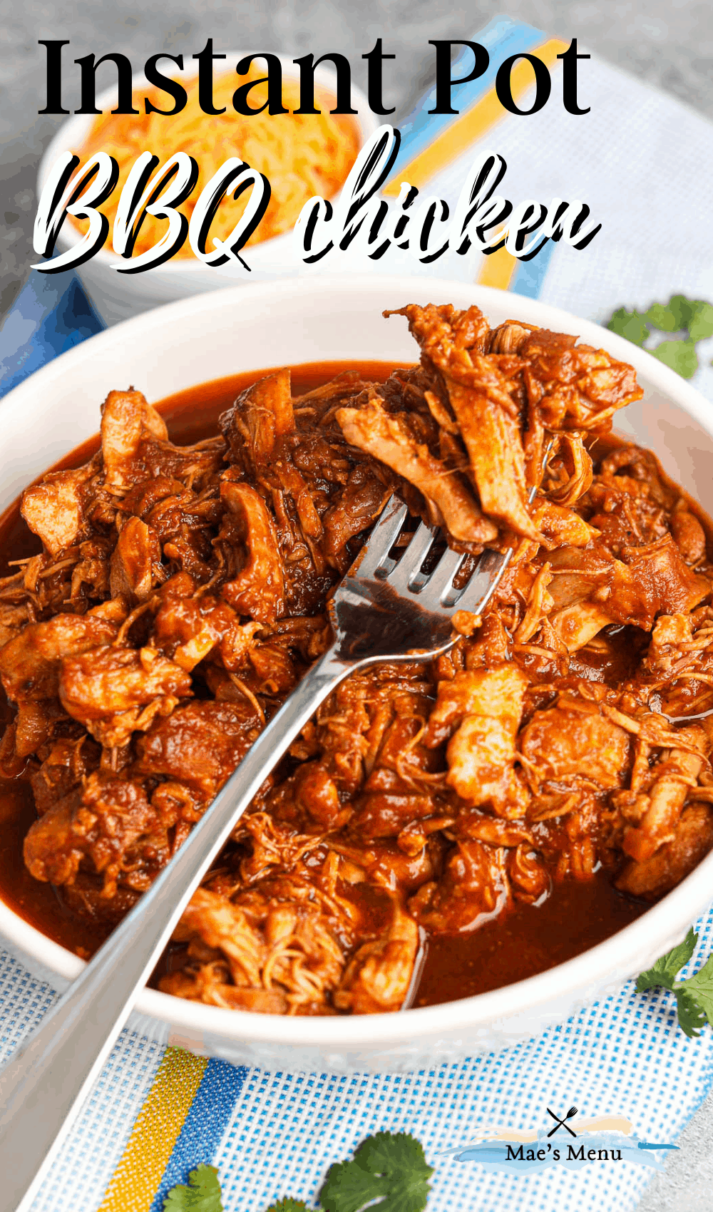 A pinterest pin for instant pot bbq chicken -- with an up-close side shot of bbq chicken