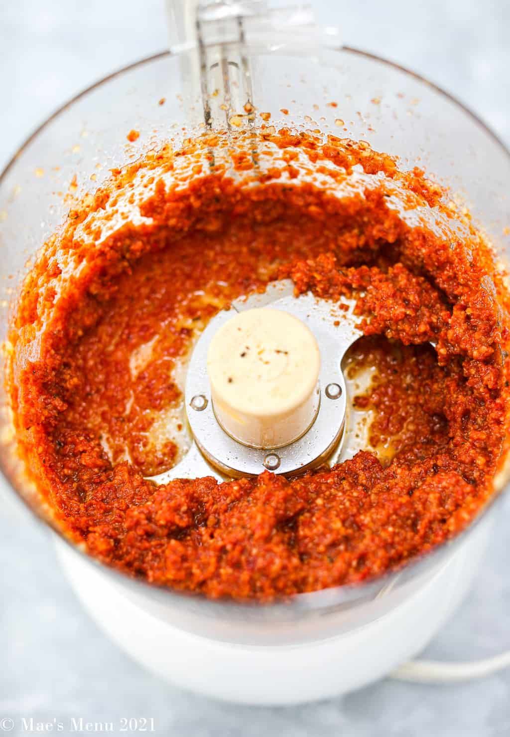 Tomato pesto blended up in the food processor