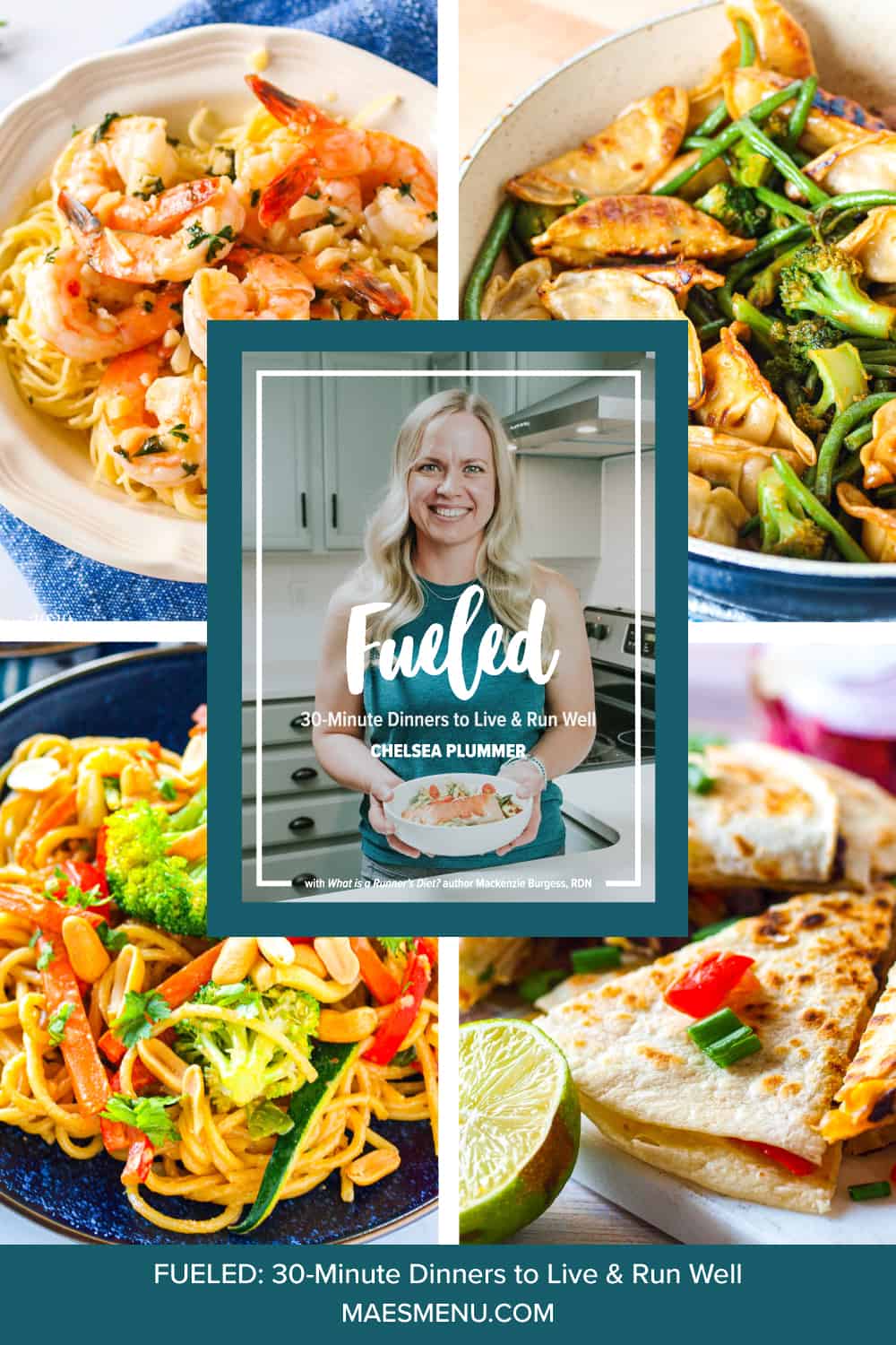 The cover of the Fueled ecookbook with some images of the recipes in the background