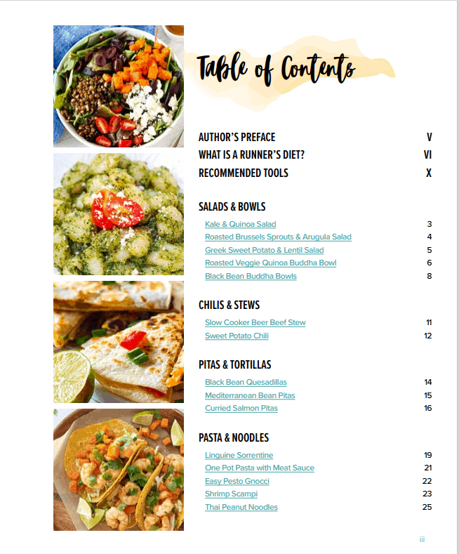the first page of the Fueled cookbook's table of contents