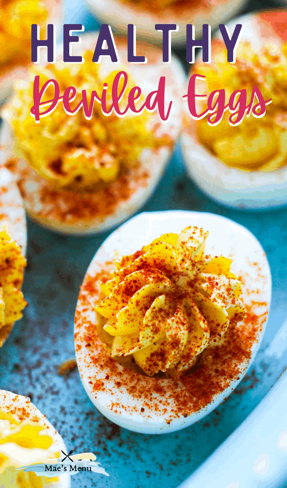 "healthy deviled eggs" with an up-close overhead shot of the deviled eggs 