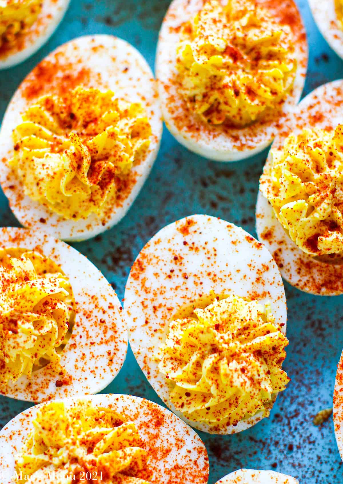 An up-close overhead shot of healthy deviled eggs