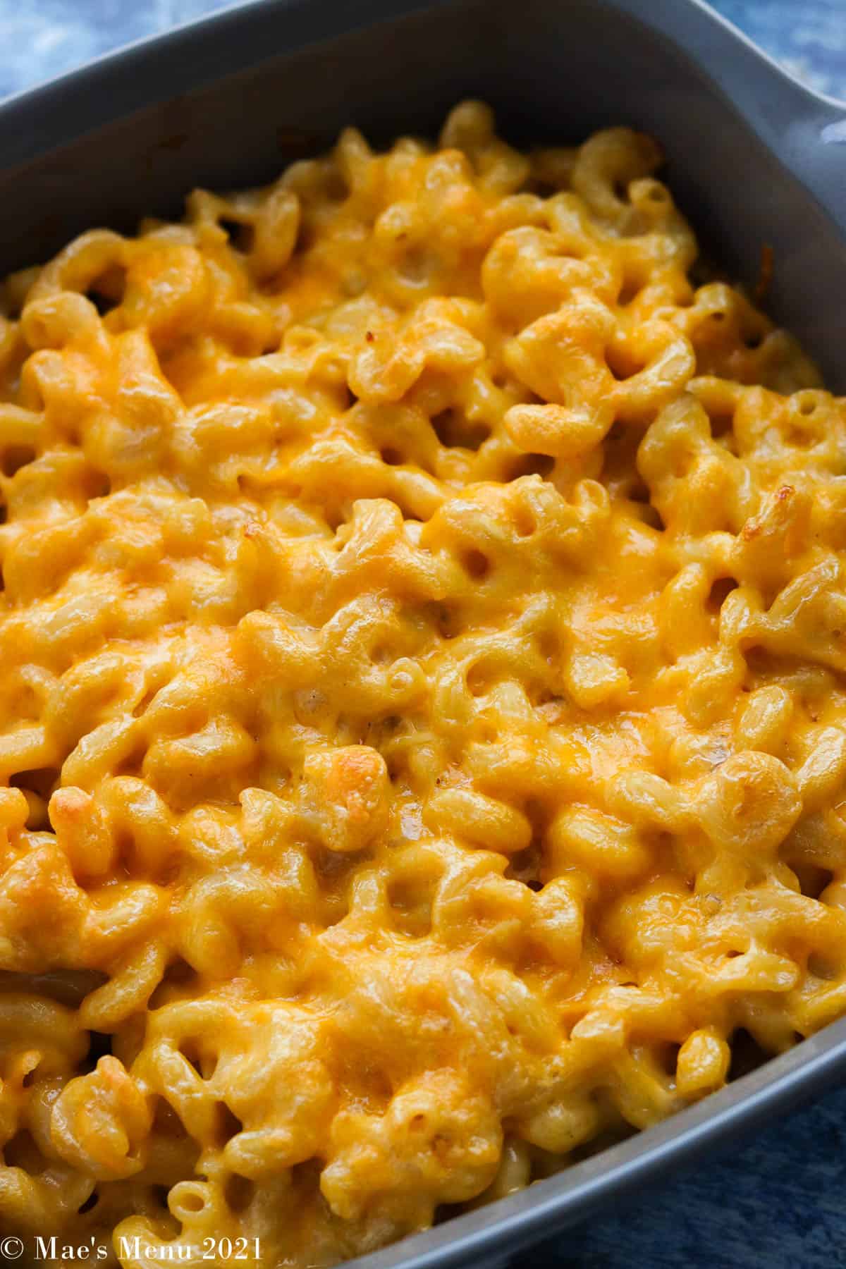 An overhead shot of a pan of healthy mac and cheese