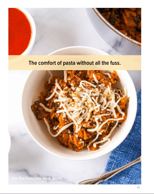 "comfort with all the fuss" with an overhead shot of a bowl of one pot pasta