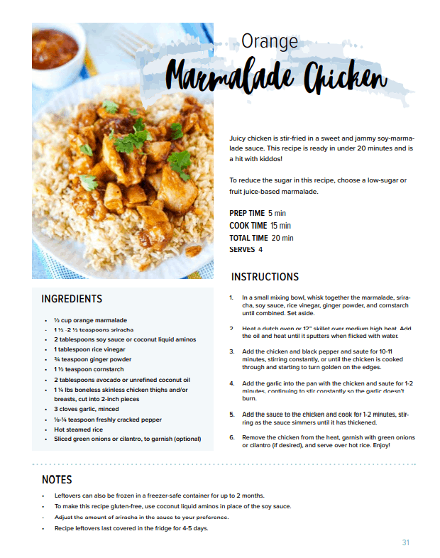 A cookbook excerpt with a recipe for orange marmalade chicken 