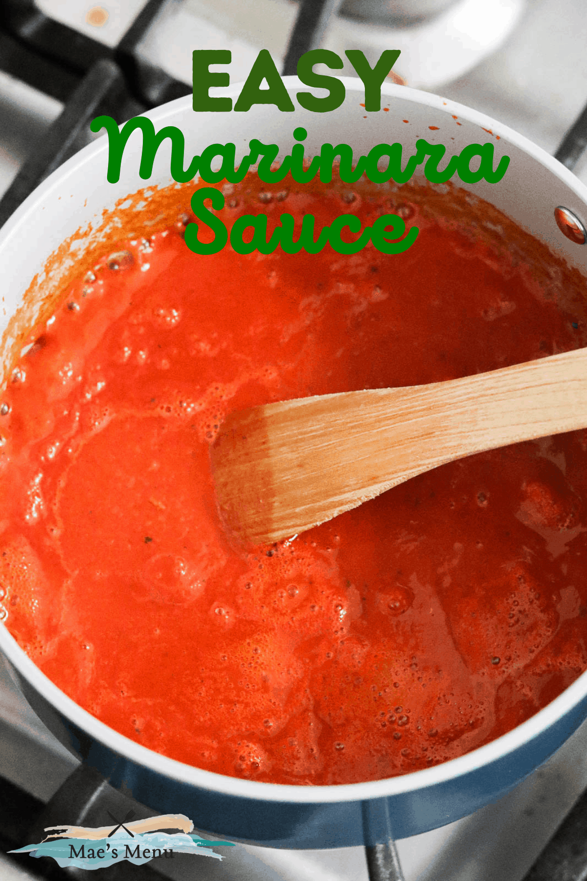 A pinterest pin for easy marinara sauce with an up-close overhead shot of the sauce 