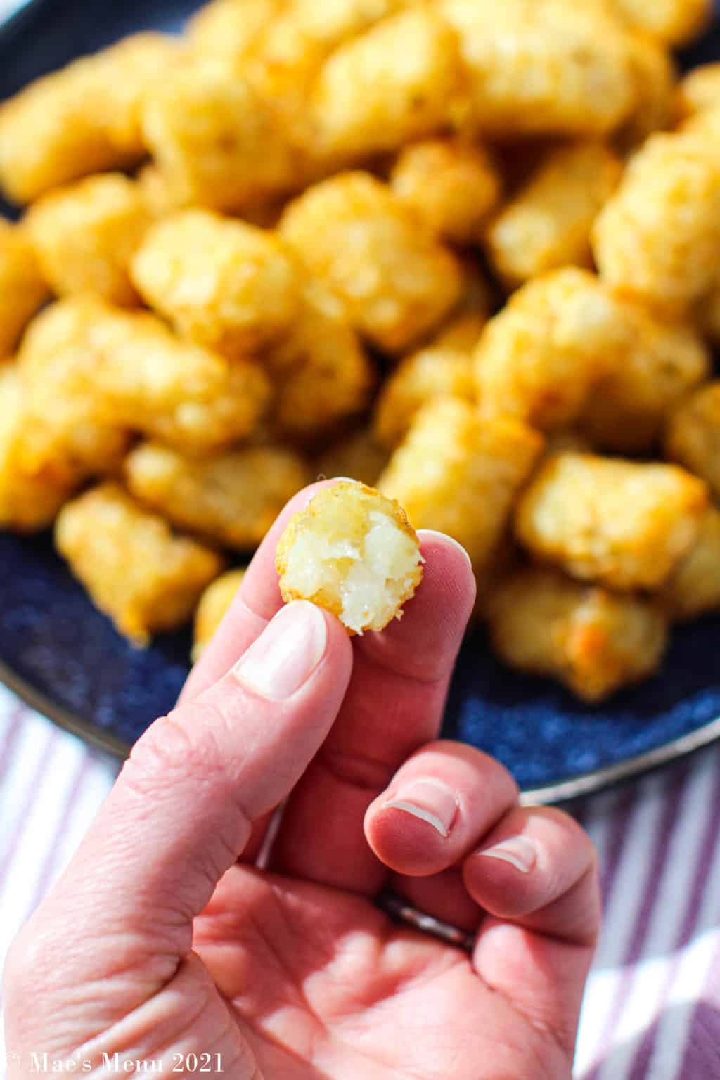 A hand holding a tater tot that's bit in half