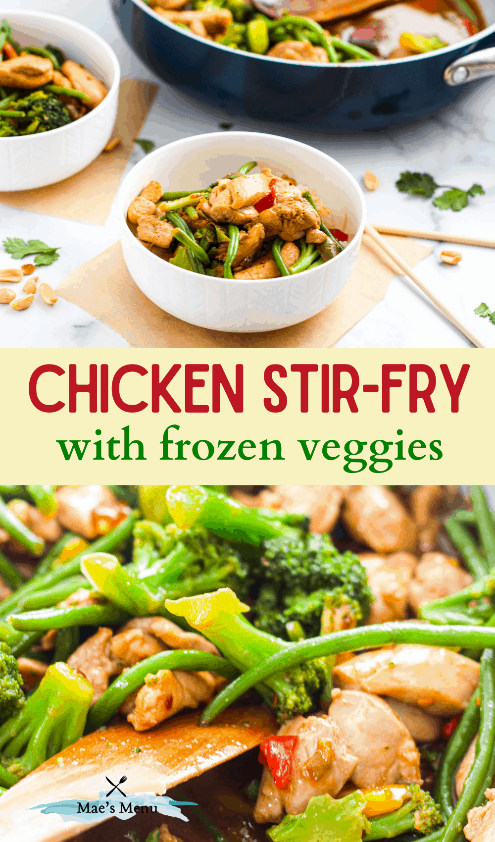 A side shot of bowl of frozen stir fry frozen vegetables with chicken in front of a pa of the stir fry