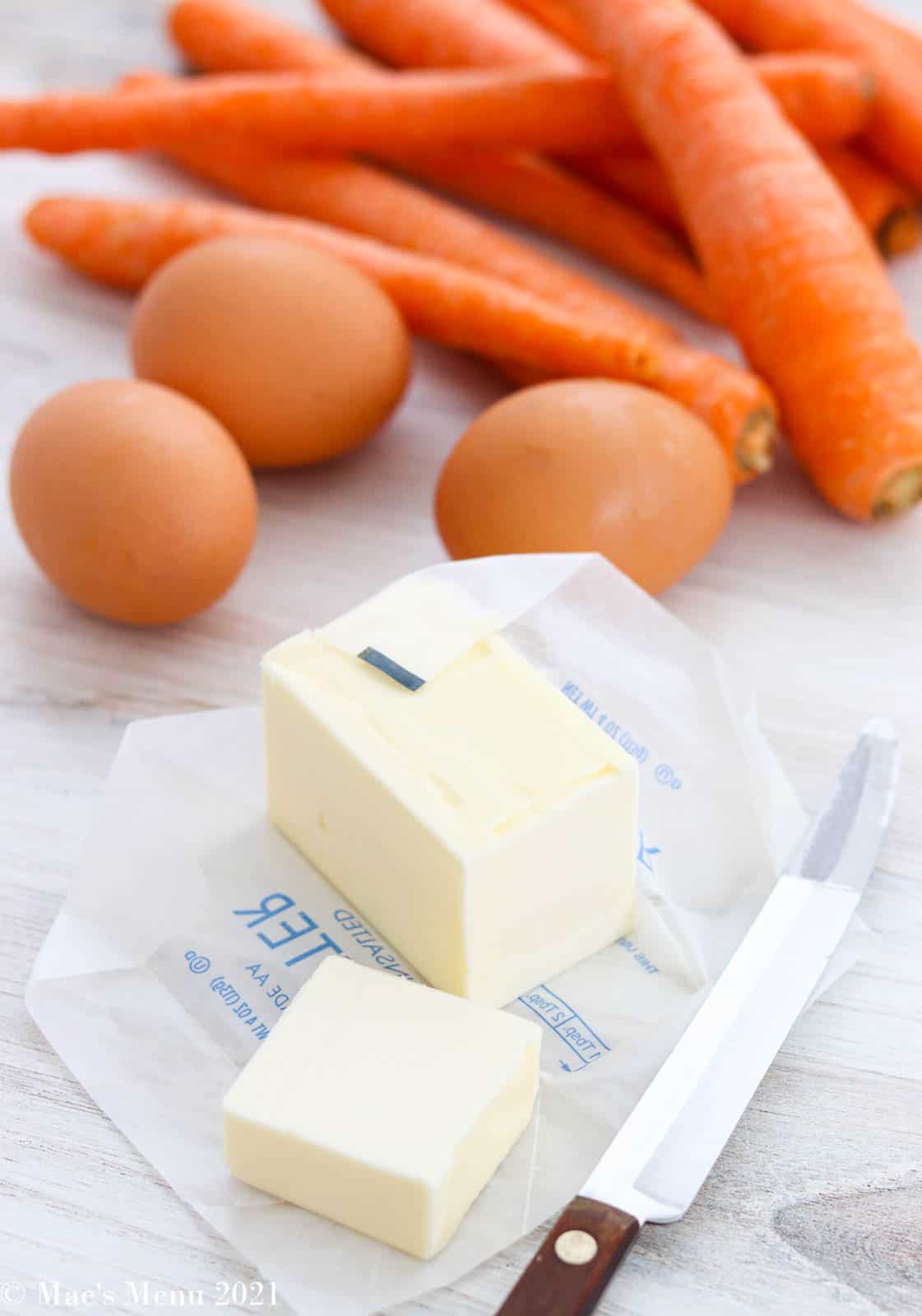 Ingredients for carrot souffle -- butter, eggs, carrots, etc.