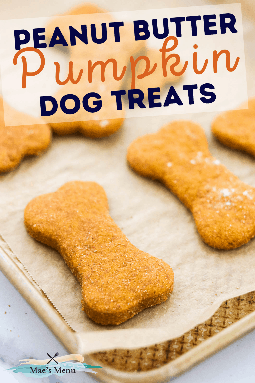 A pinterest pin for peanut butter pumpkin dog treats with an up-close shot of the treats on a baking pan 