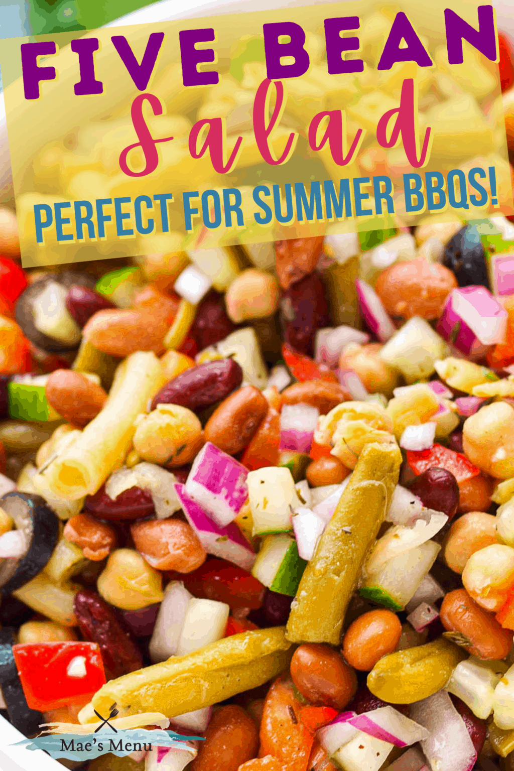 A pinterest pin for 5 bean salad with an up-close shot of the bean salad