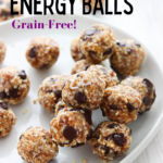 A pinterest pin for date energy balls with a white plate full of the date balls