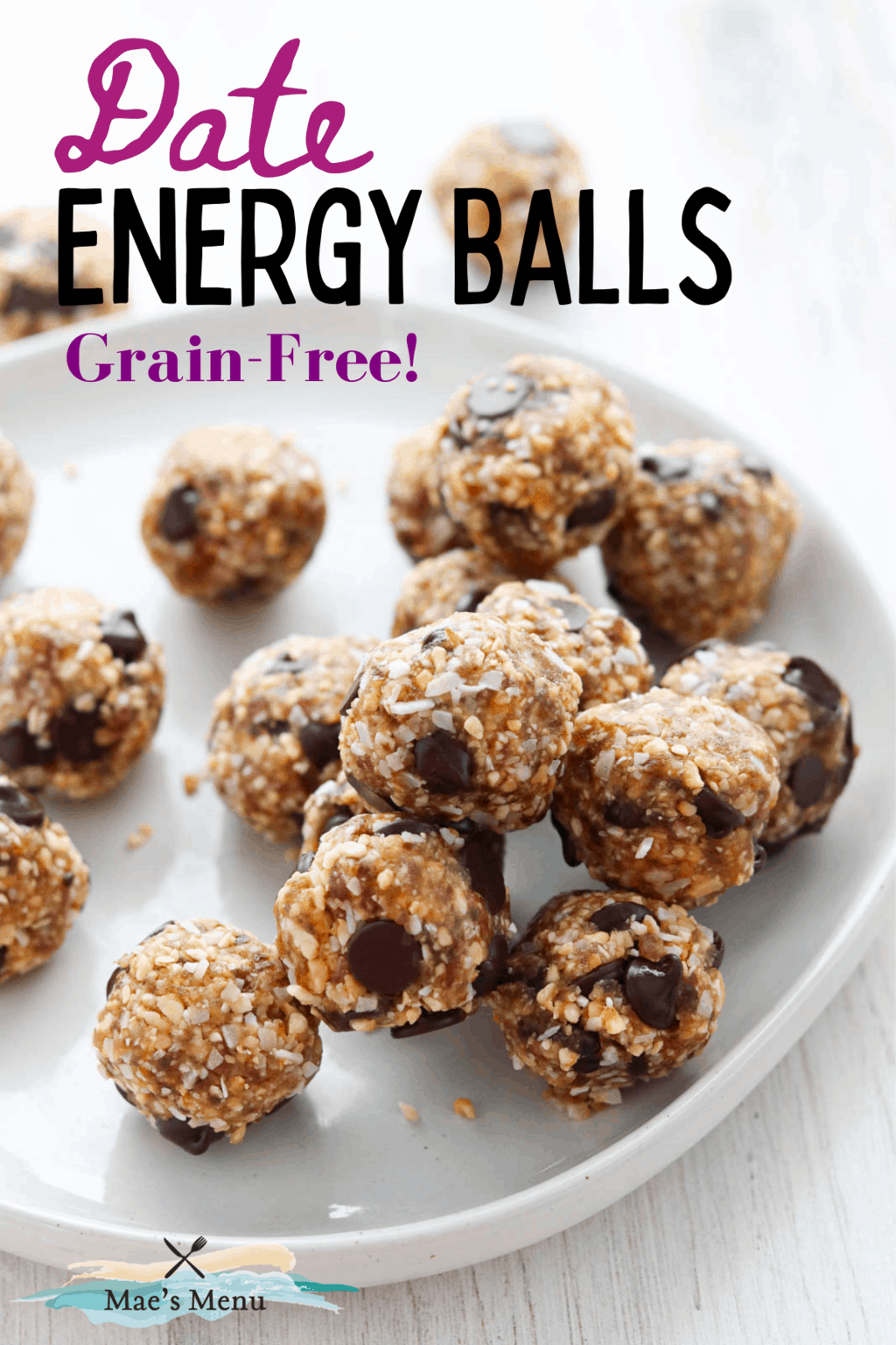 A pinterest pin for date energy balls with a side shot of a plate of the date balls.