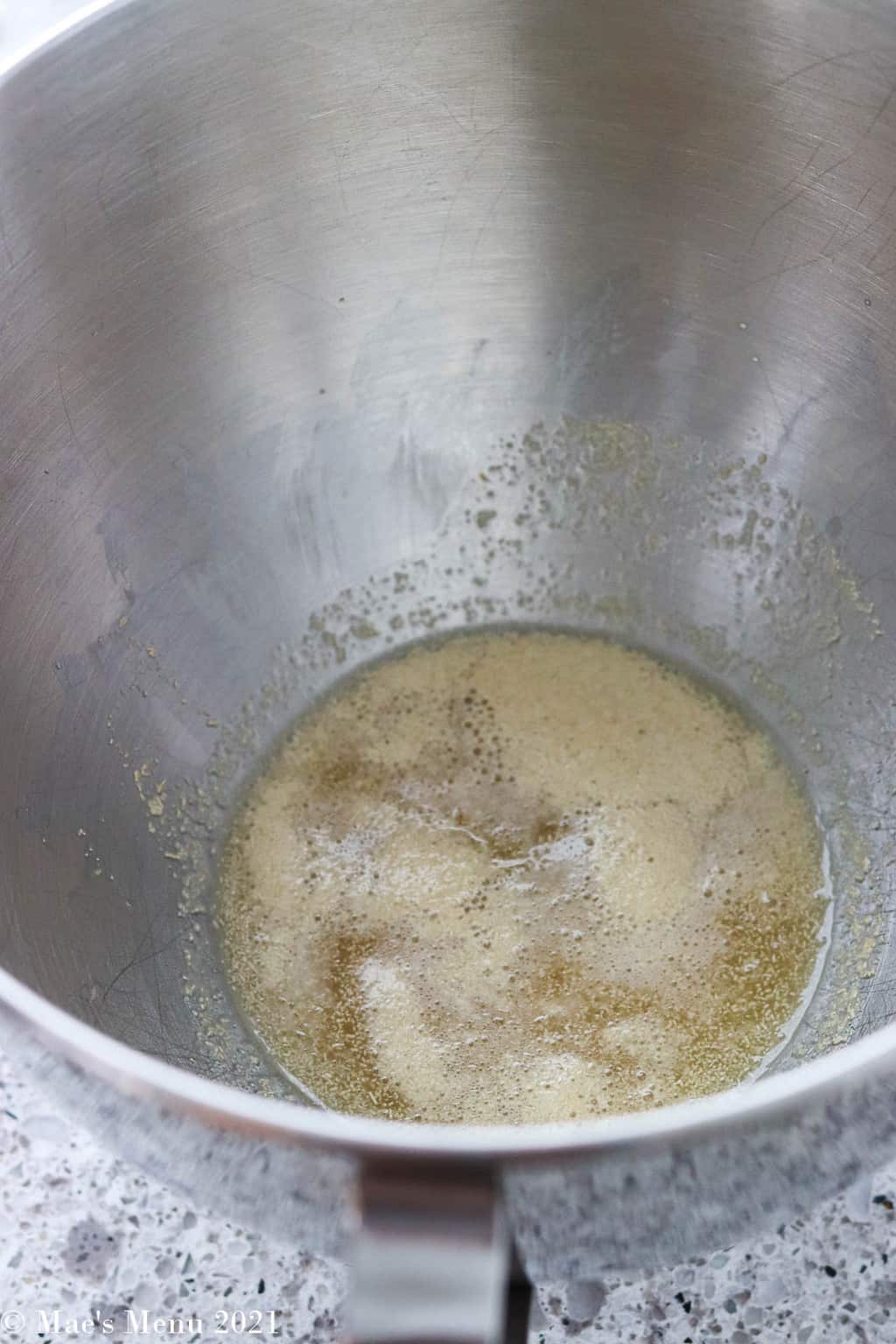 foaming yeast in water in a large mixing bowl