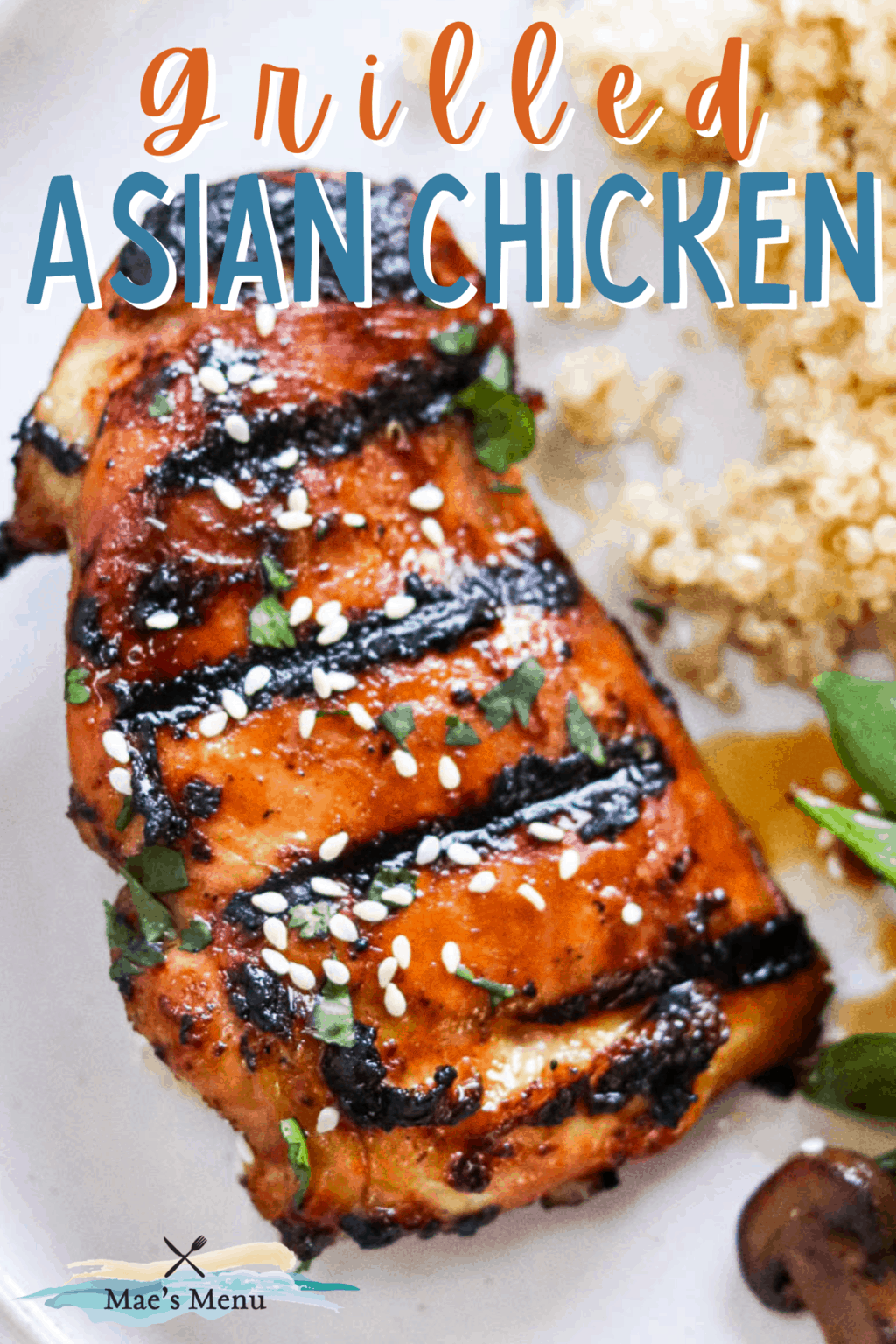 A pinterest pin for Asian Marinated chicken with an up-close shot of the piece of chicken