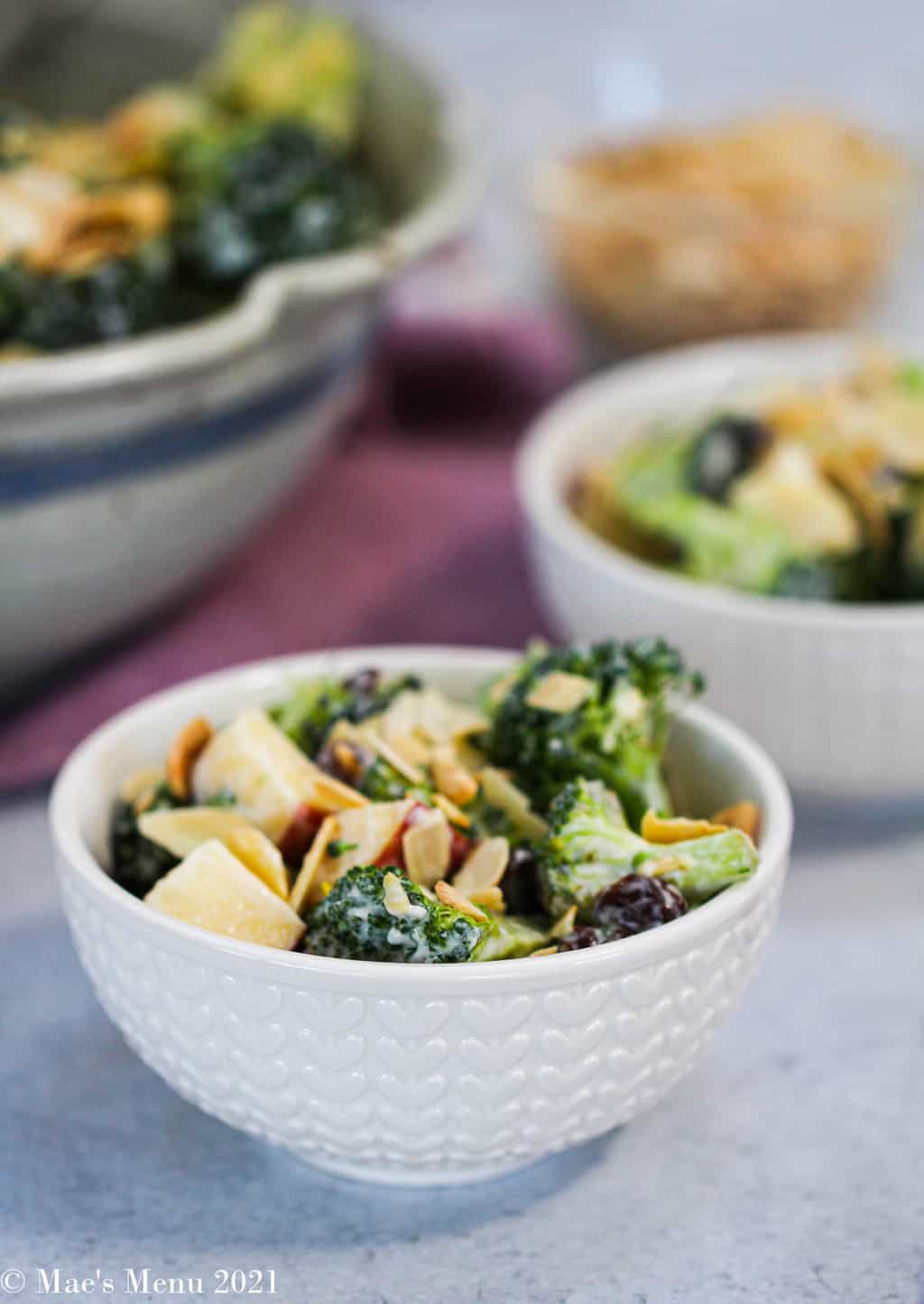 A shot of a small bowl of broccoli salad in front of others and a bowl of the salad