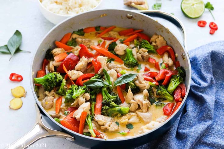 A large pan of thai green chicken curry