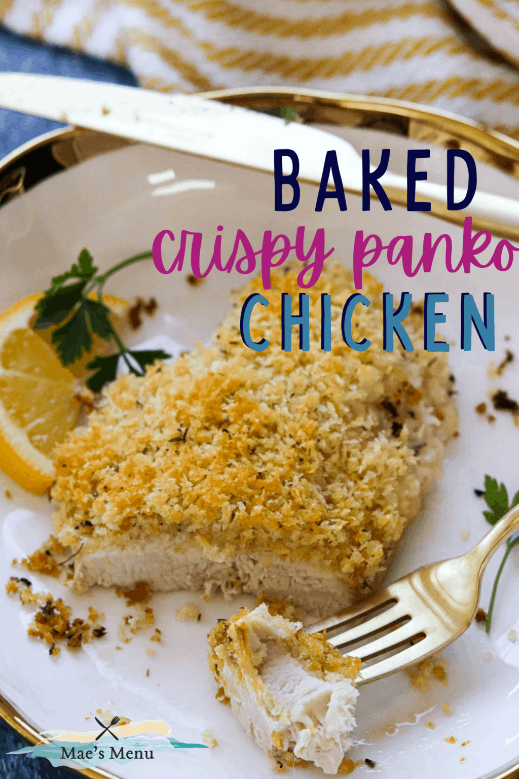 A pinterest pin for baked crispy panko chicken with an up-close shot of a bite of chicken 