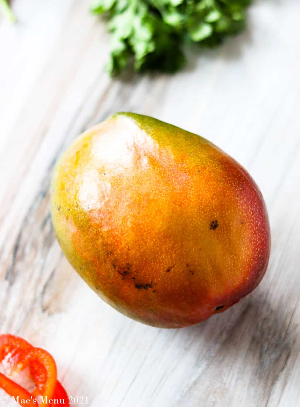 a up-close shot of a mango laying on a counter